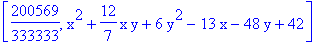 [200569/333333, x^2+12/7*x*y+6*y^2-13*x-48*y+42]